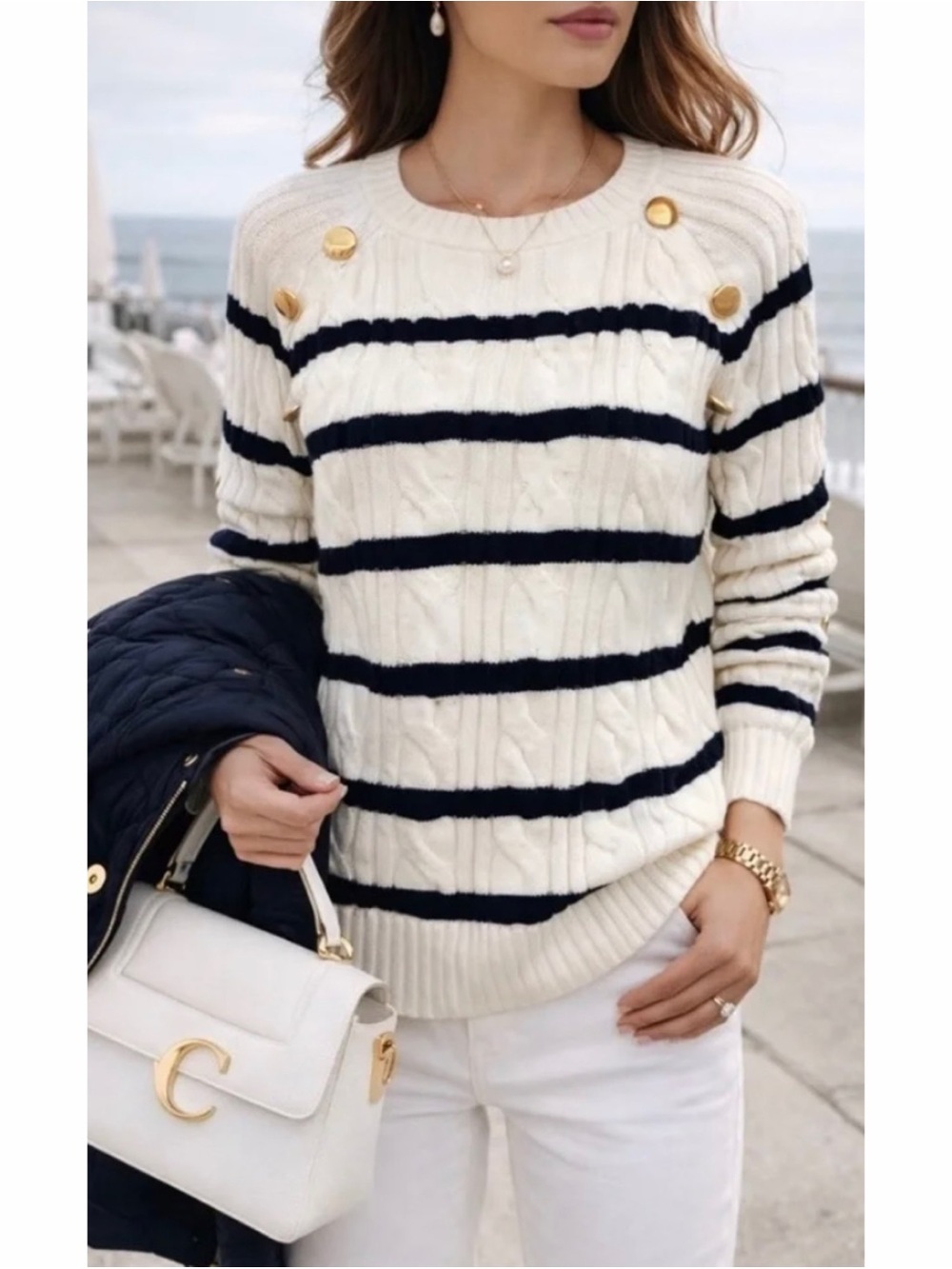 Talbots Crew Neck Breton Stripe Cable Knit Sweater